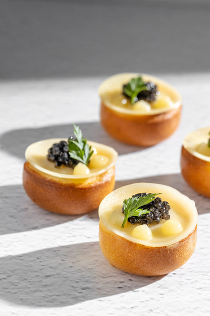 Caviar from Sologne, Lemon Blinis, Basil & Crème Fraiche (12pcs)