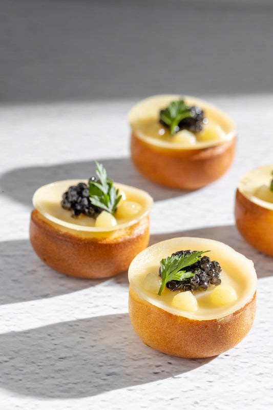Caviar from Sologne, Lemon Blinis, Basil & Crème Fraiche (12pcs)